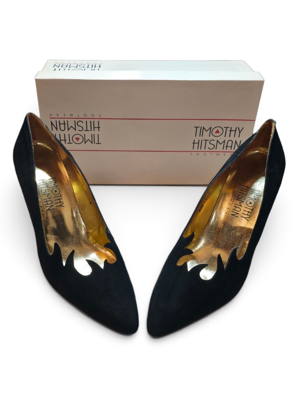 Timothy Hitsman Black Suede Pointed Pumps with Gold Interior Accent